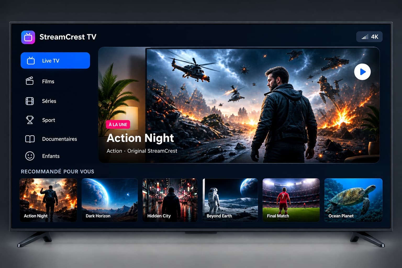 Smart TV affichant l'interface StreamCrest TV avec le contenu vedette Action Night et les recommandations Live TV, Films, Séries, Sport, Documentaires et Enfants